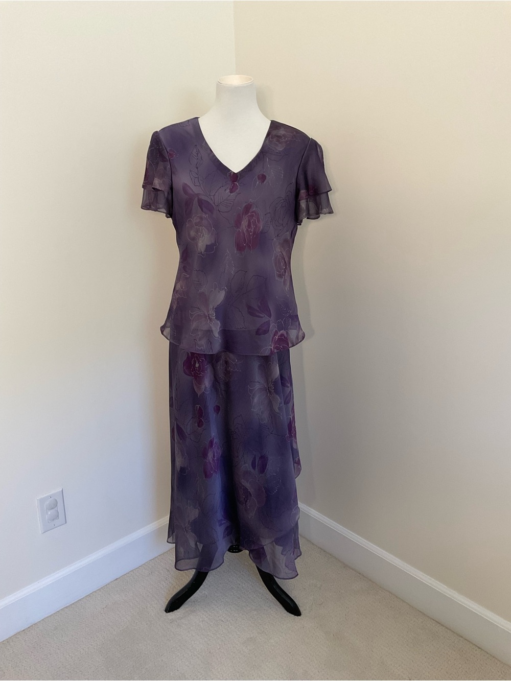 R&M Richards 2-Piece Purple Floral Chiffon Skirt Set